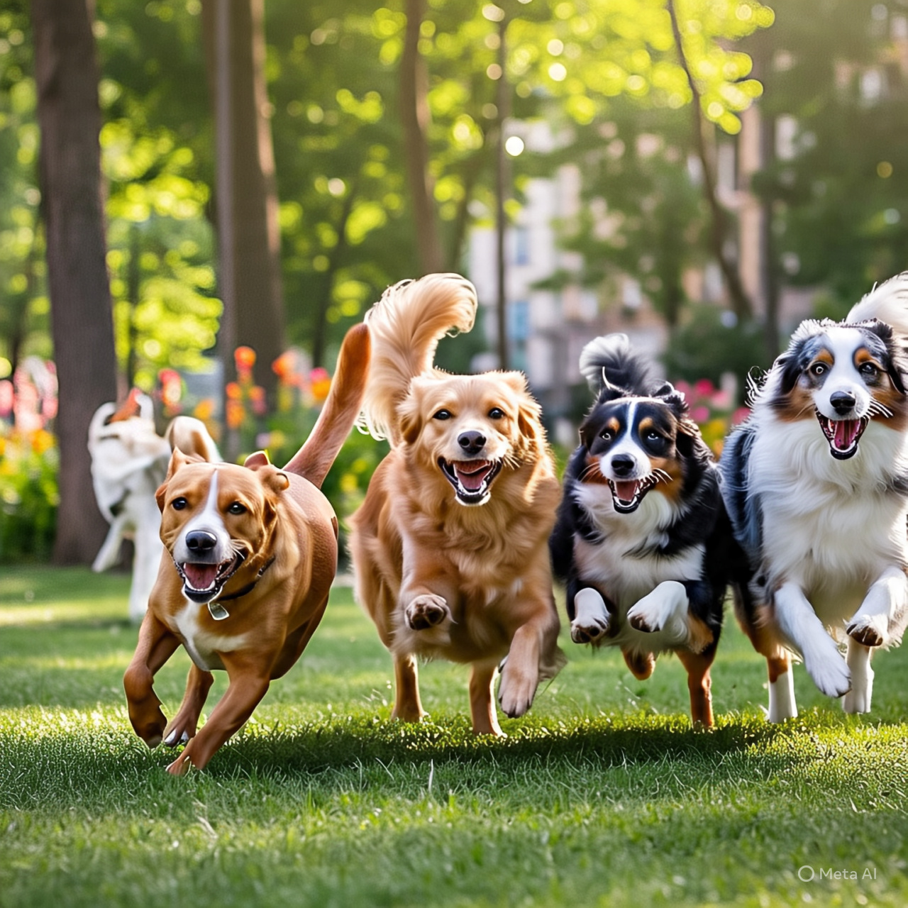 Happy dogs in city park